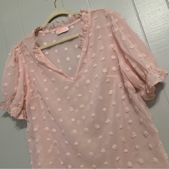 Women’s Light Pink C+D+M Collection Short Sleeve Sheer Swiss Dot V-Neck Blouse - Picture 2 of 6